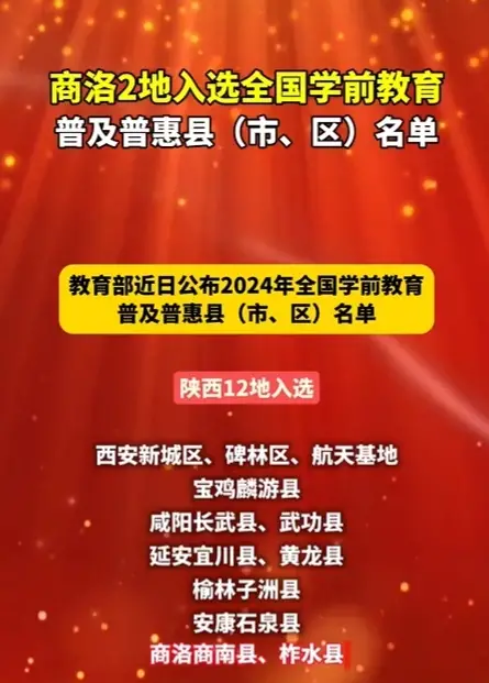 商洛2地入选全国学前教育普及普惠县（市、区）名单